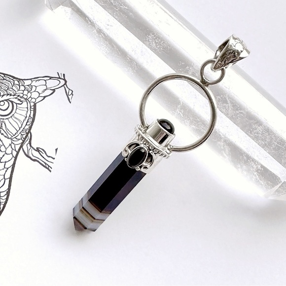 STERLING Silver Botswana Agate & Black Onyx Crystal Healing Crystal Point - Picture 1 of 2